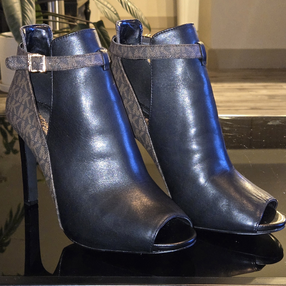 Michael Kors Black and Brown Peep-Toe Heeled Boots
